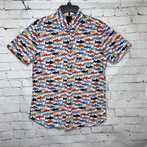 J Crew Men’s Slim Flex Washed Button Down Short Sleeve Shirt  Medium Fish Print
